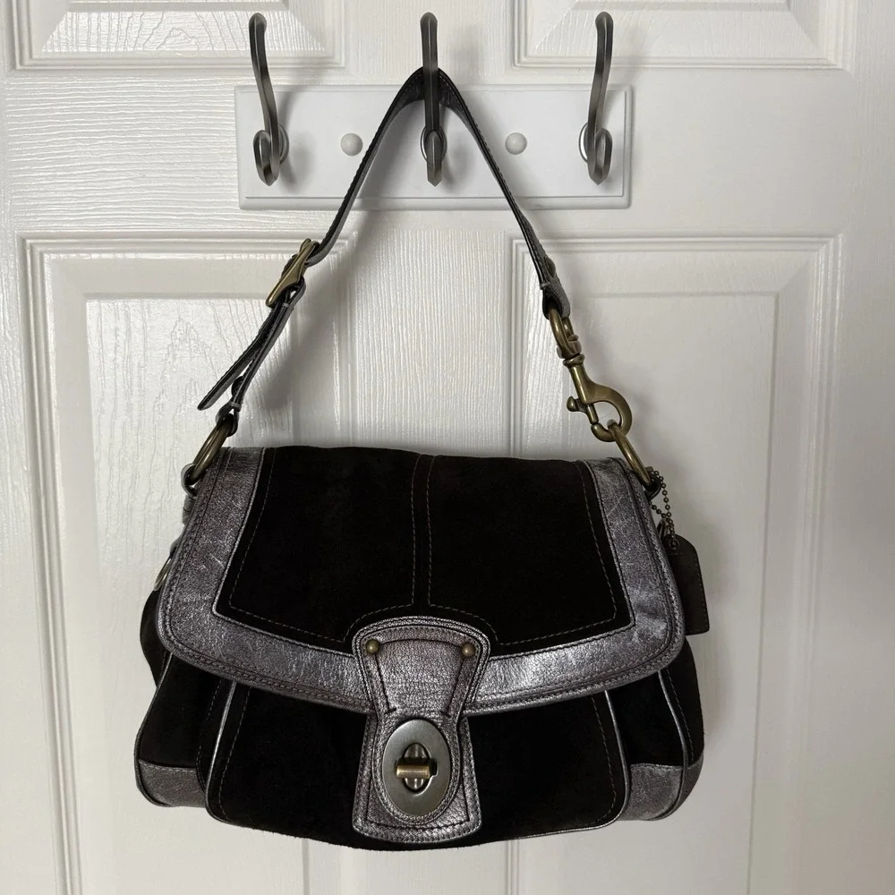 VTG COACH Y2K LEGACY ALI BROWN SUEDE METALLIC FLAP HOBO SHOULDER BAG PURSE